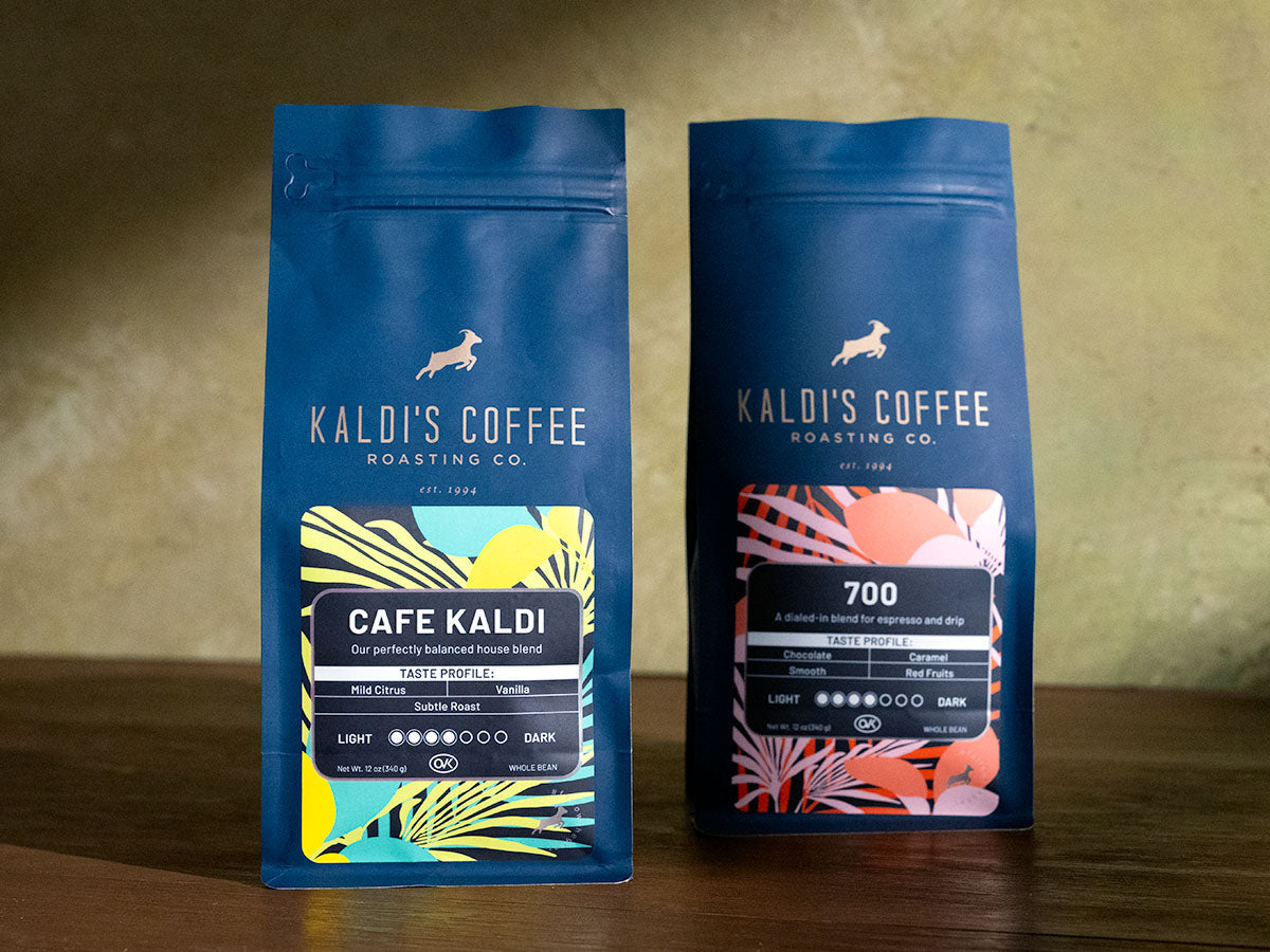 Bag of Cafe Kaldi next to a bag of 700