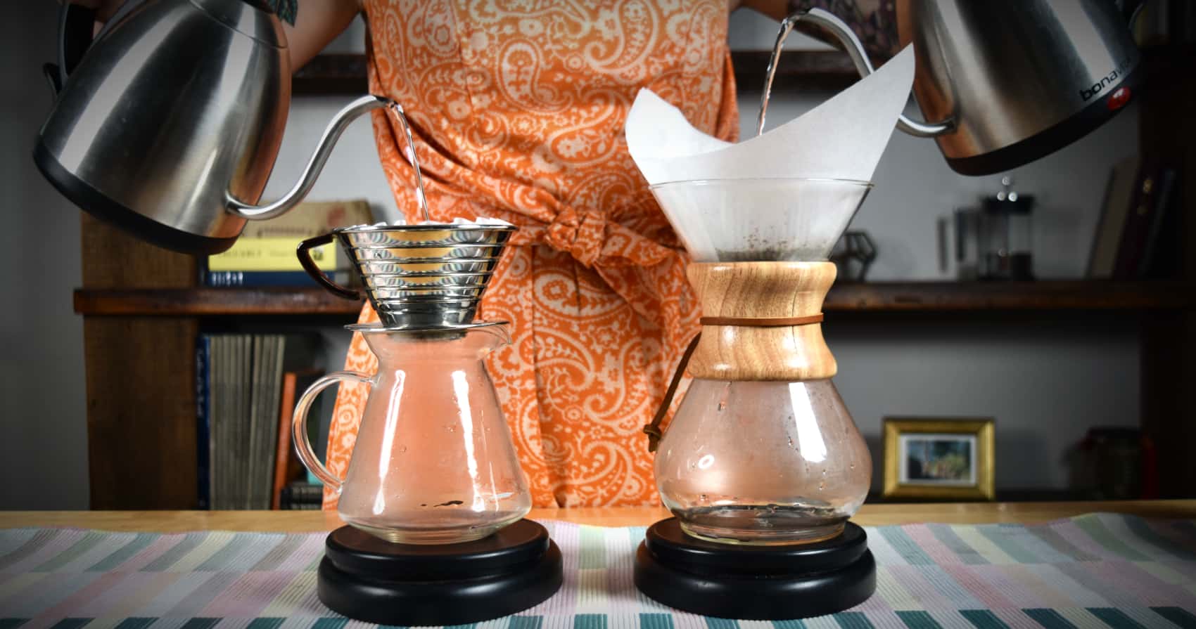 A Barista Brewing with the Chemex Coffee Maker and Kalita Wave 185
