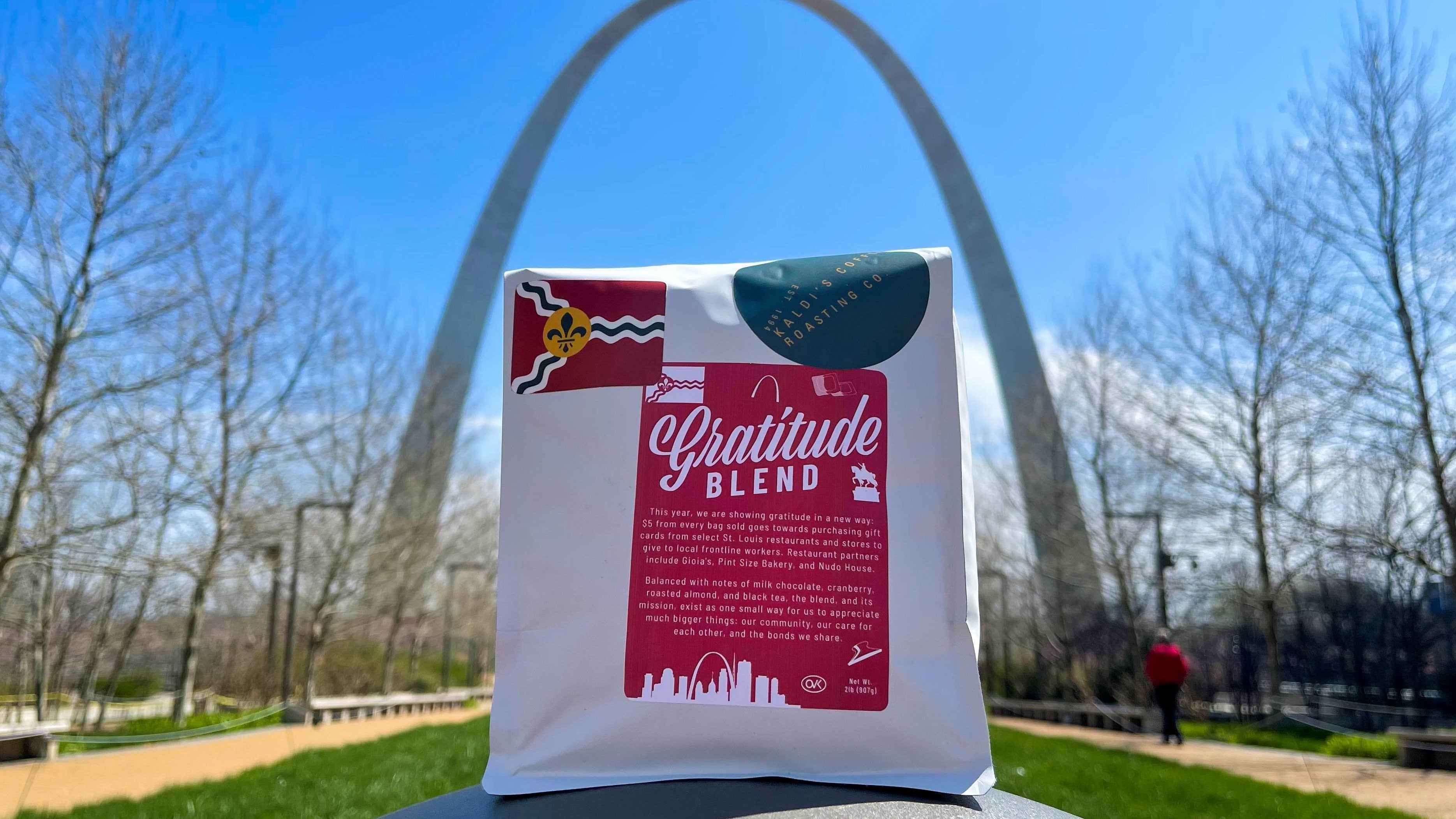 A 2 pound bag of Gratitude Blend in front of the St. Louis Arch