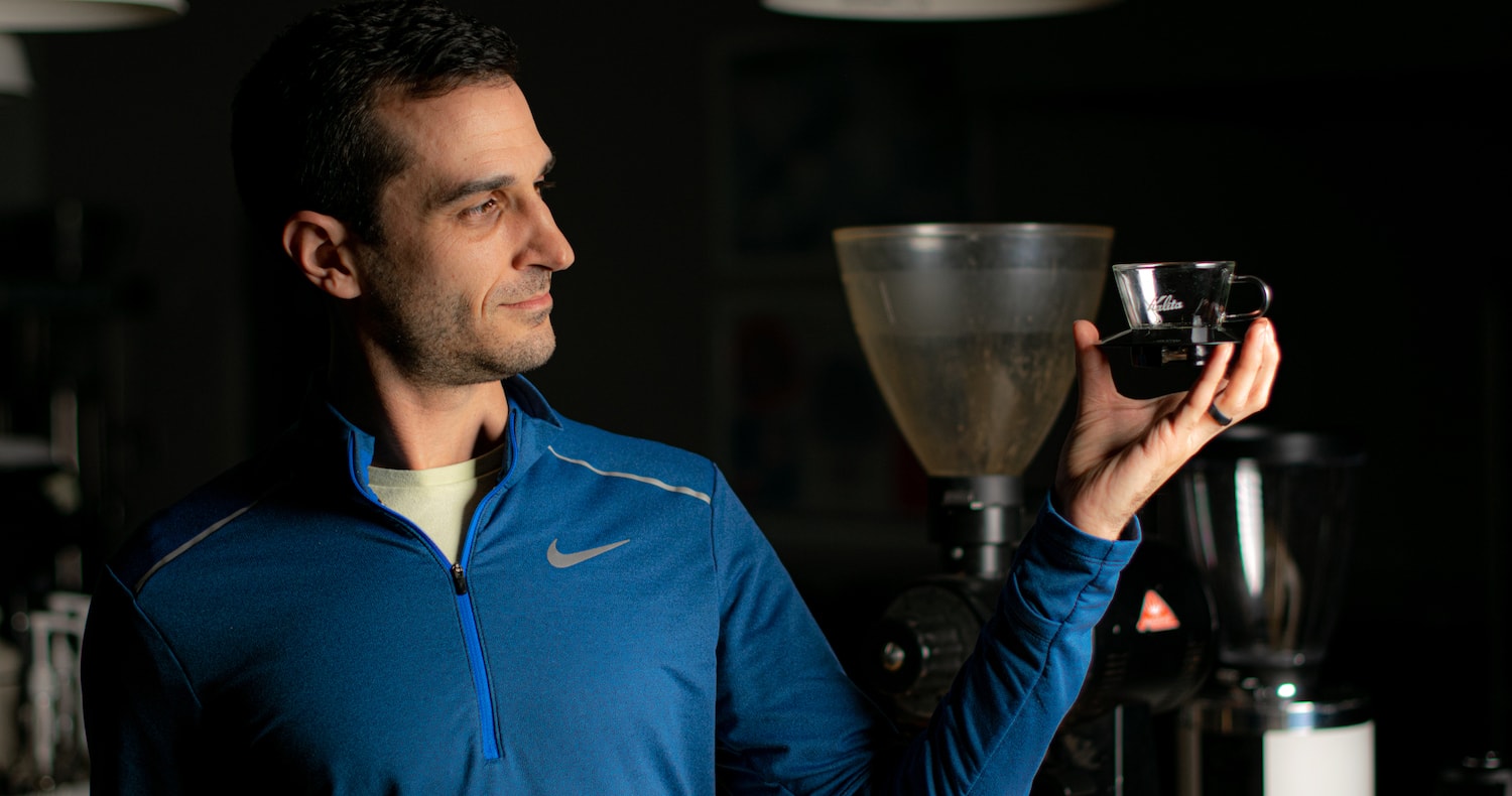 Rob holding his Kalita Wave 155, his favorite brewer