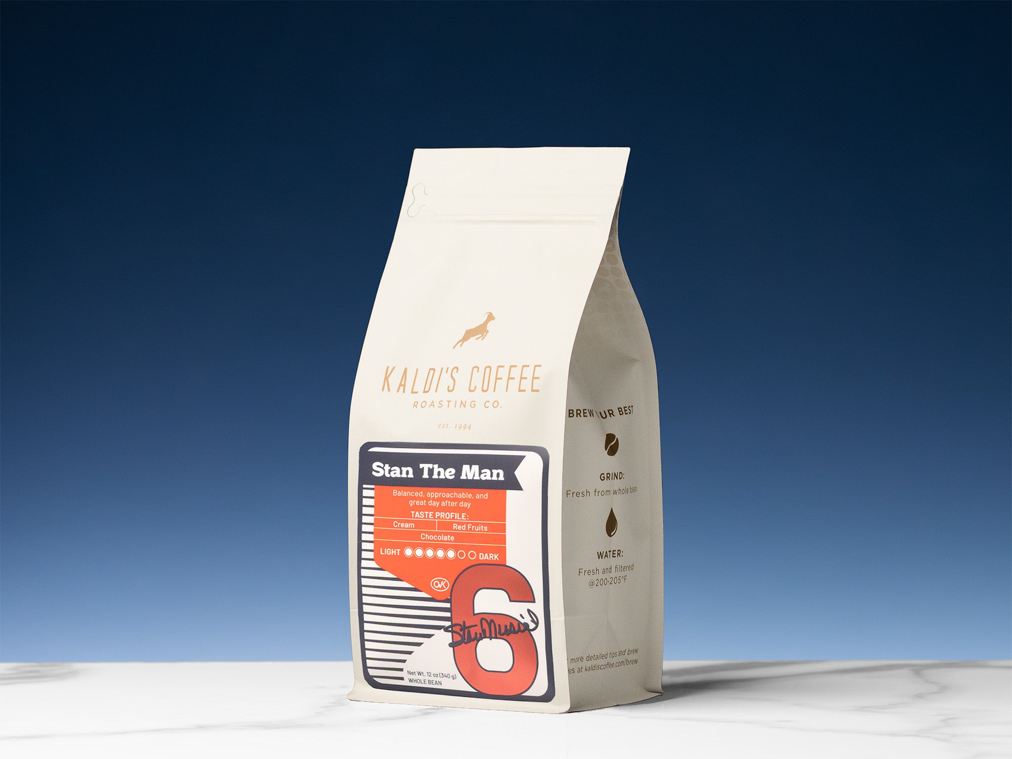 A 12oz bag of Stan the Man Whole Bean coffee