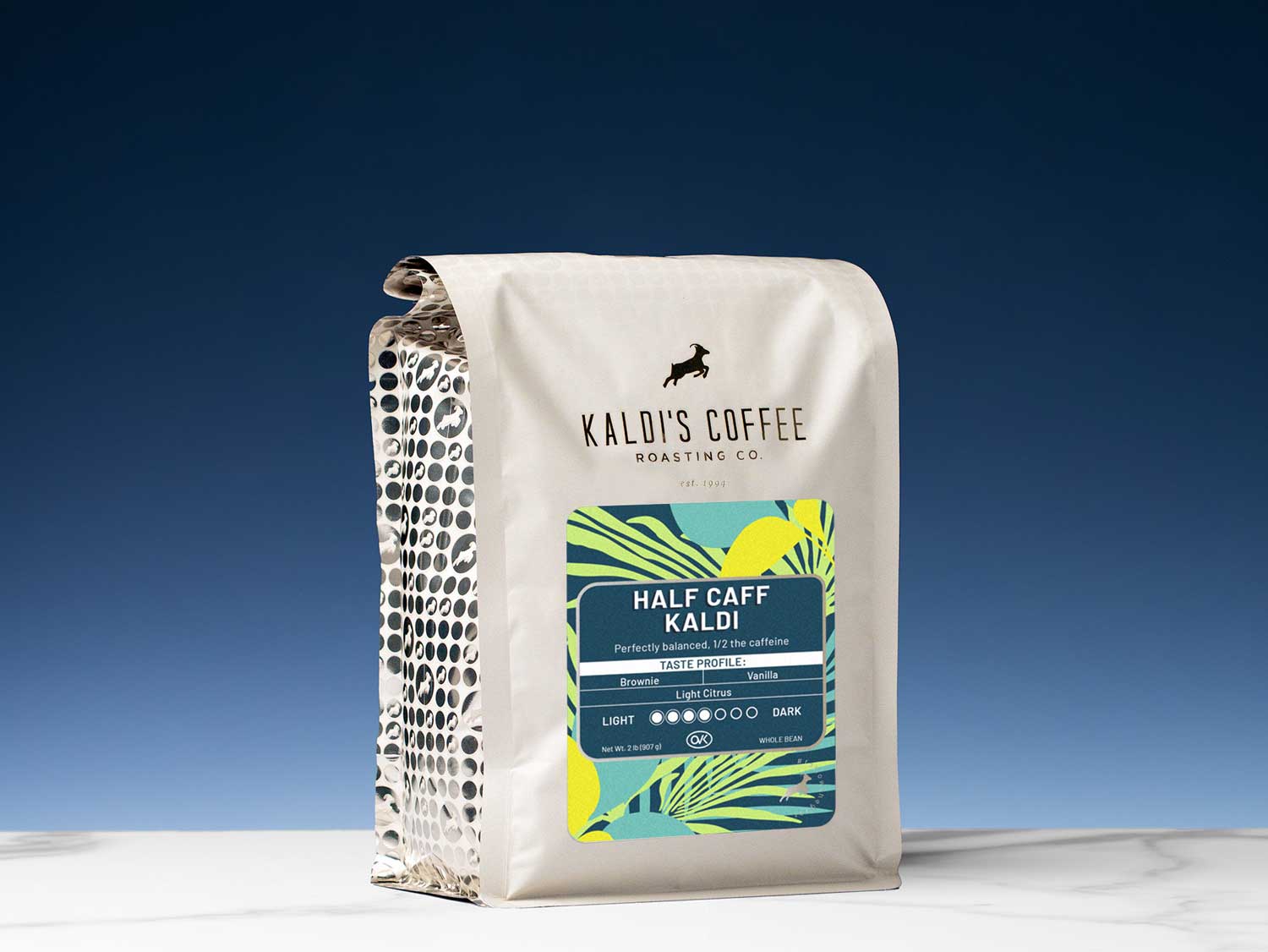 Image of a 2 pound bag of Half Caff Kaldi