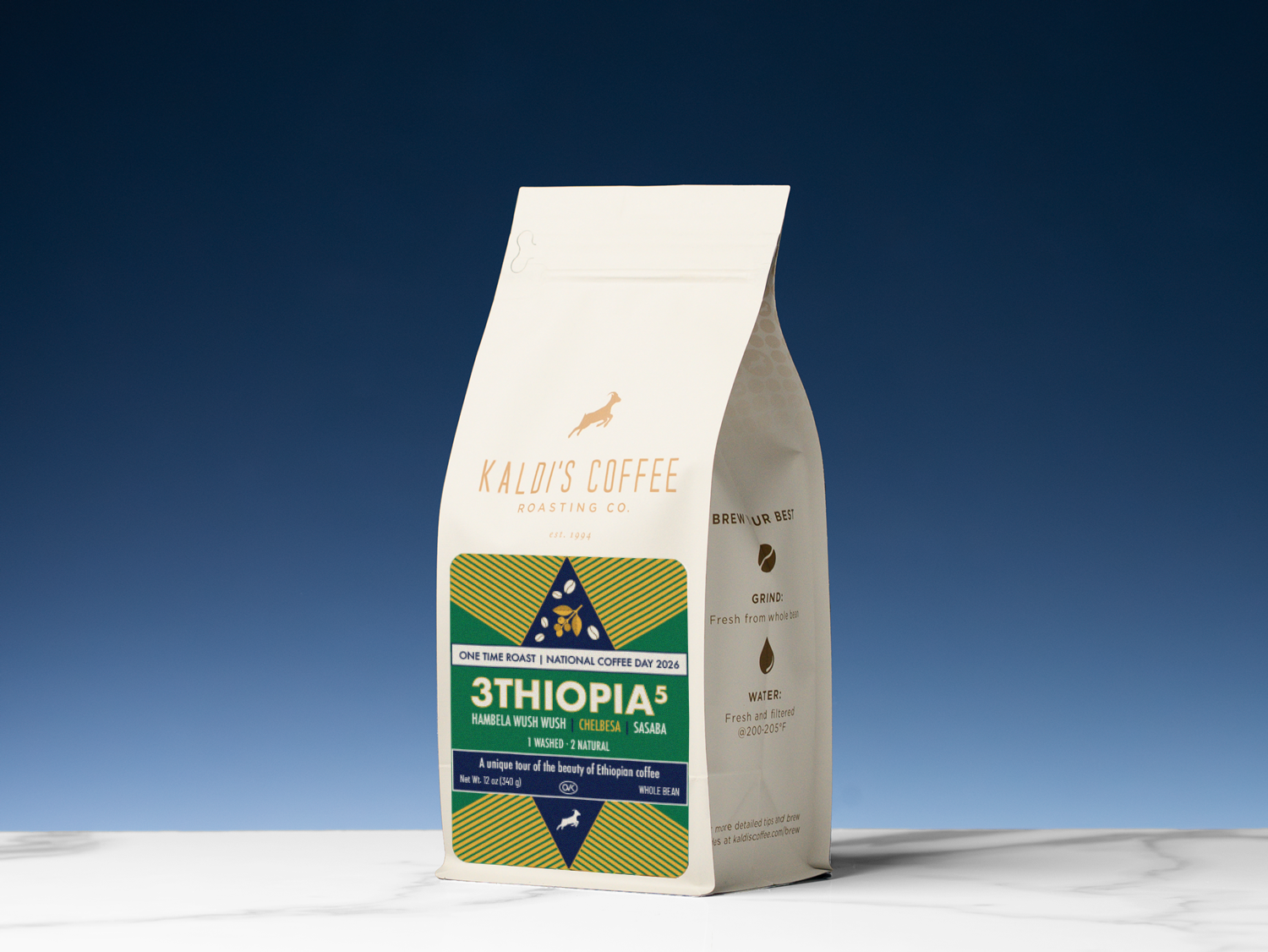 A bag of Kaldi's Coffee 3thiopia stands on a white marble surface. 