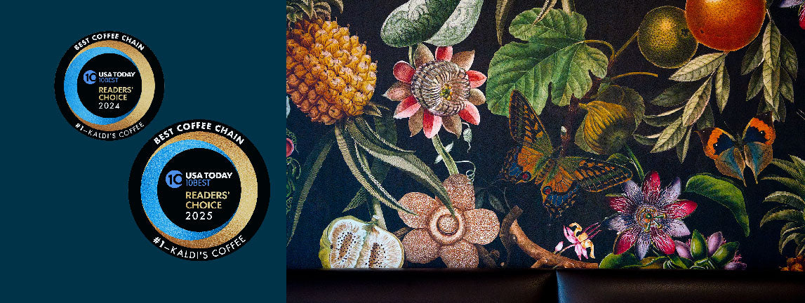Decorative background featuring USA Today's 'Best Coffee Chain' number 1 awards for 2024 and 2025