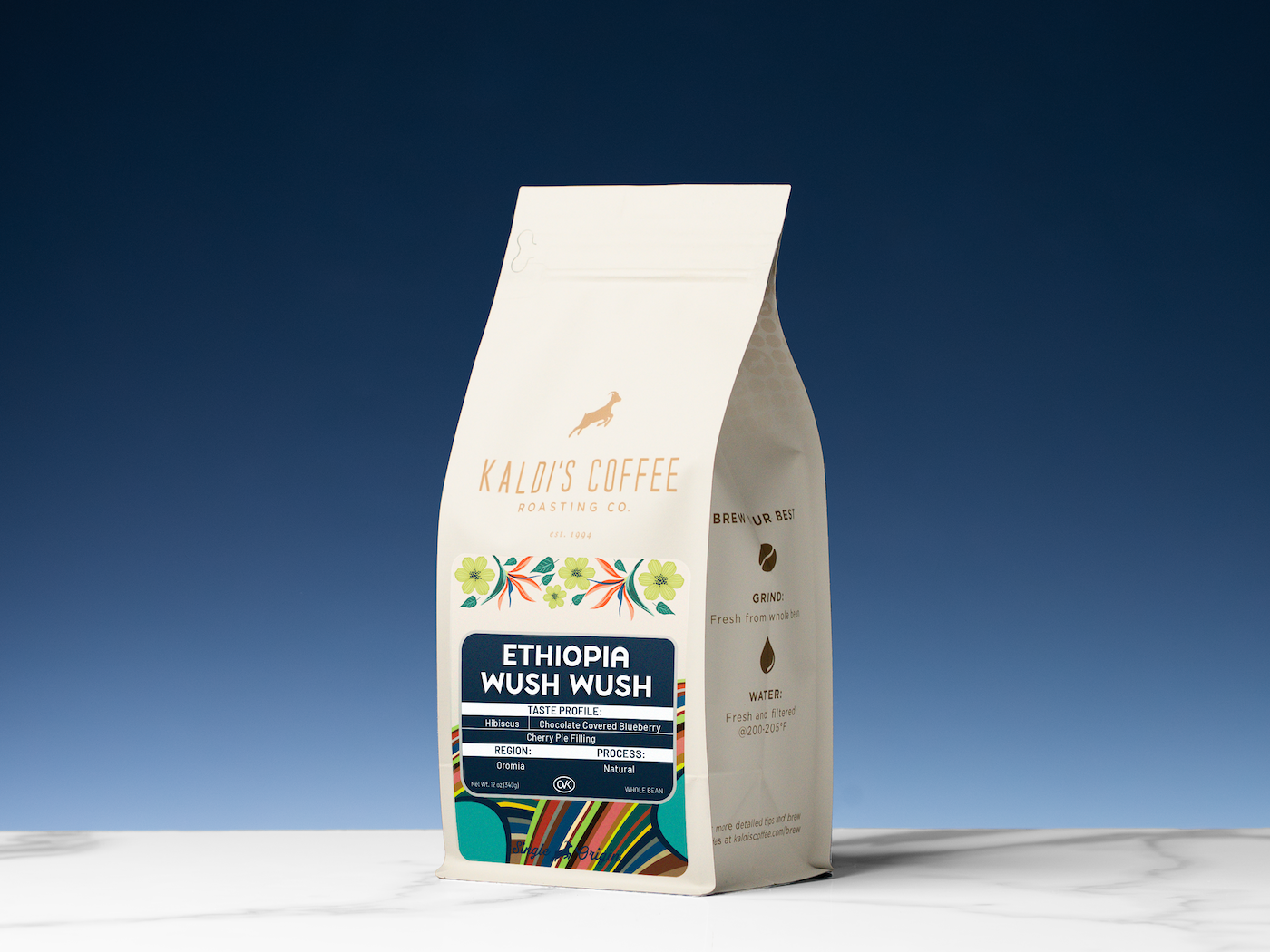 12 ounce bag of Ethiopia Wush Wush from Kaldi's Coffee sitting on a marble table