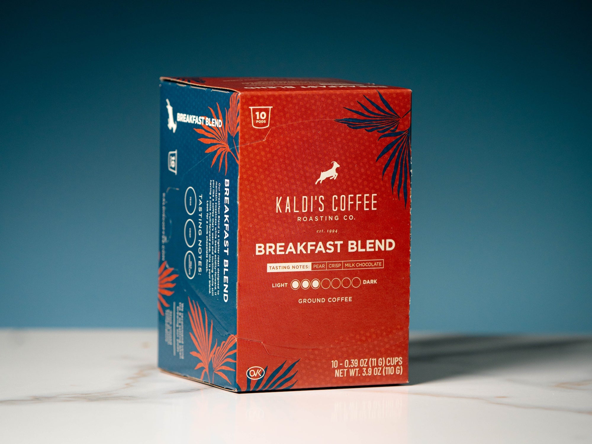 Front side of Box of Breakfast Blend Coffee Pods by Kaldi's Coffee
